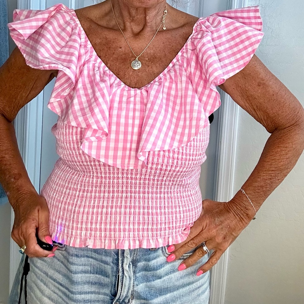 Express Pink White Checked Gingham Top Medium Smocked Ruffle NWOT